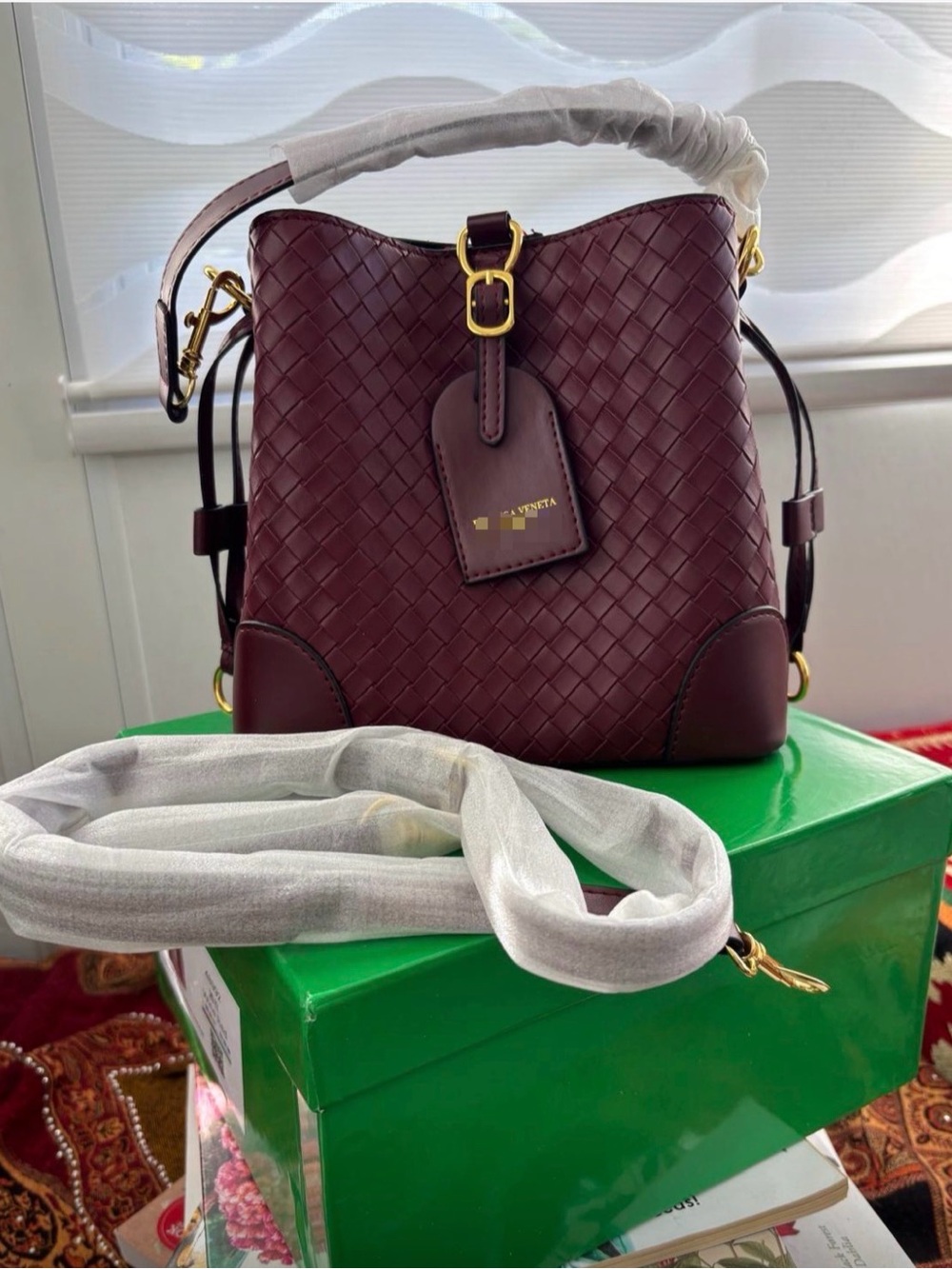 Woven Leather Shoulder Bag in Burgundy with Gold Hardware